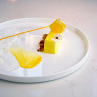 Side view of Alta Cucina 10.5" x 0.75" Opal Glass Medium Stacking Plate (Set of 12)