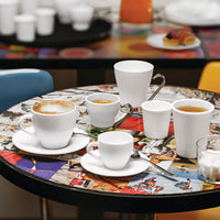 Side view of Aromateca 3.5 oz. Opal Glass Espresso Cup with Stainless Steel Handle (Set of 4)