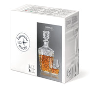 Side view of Dedalo 7pc Whiskey Set (1 Decanter + 6 Rocks Glasses)