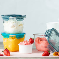 Side view of Frigoverre Evolution 25.25 oz. Square Tall Food Storage Container, Gray Lid (Set of 12)