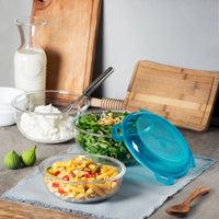 Side view of Frigoverre Evolution 85 oz. Large Bowl, Blue Lid (Set of 4)