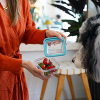 Side view of Frigoverre Future 14.25 oz. Square Stackable Food Storage Container (Set of 12)