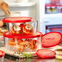 Side view of Gelo 3pc Storage Container Set with Red Lid (11.62 oz.,24.37 oz. & 44.62oz.)