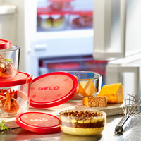 Side view of Gelo 4pc Storage Container Set with Red Lid (8.25 oz., 20.25 oz., 37.25 oz. & 81 oz.)