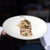 Side view of White Moon Chiaroscuro 10.75" Opal Glass Dinner Plate, Unico (Set of 24)