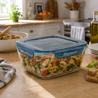 Side view of Frigoverre Evolution 47.25 oz. Square Food Storage Container, Gray Lid (Set of 4)