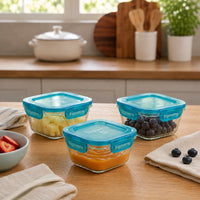 Side view of Frigoverre Evolution 14.25 oz. Square Food Storage Container - Teal Lid (Set of 3)