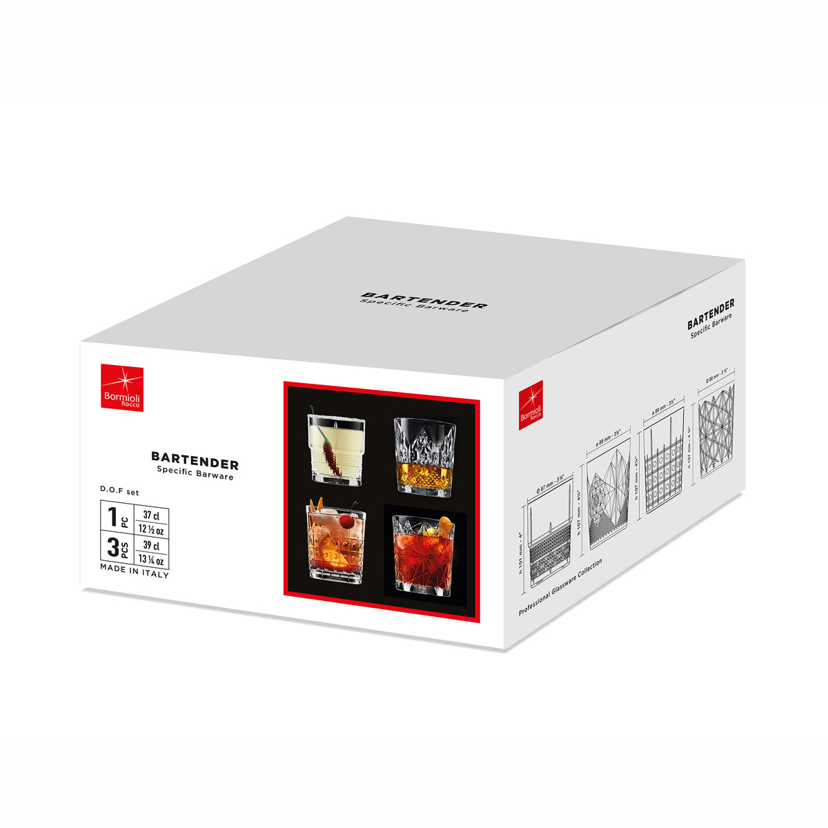 Box of BARTENDER Assorted DOF glasses with images of cocktails on a white background