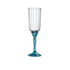 Clear Florian flute glass with a blue stem on a white background