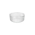 A clear round Exclusiva glass serving bowl with a multifaceted texture.