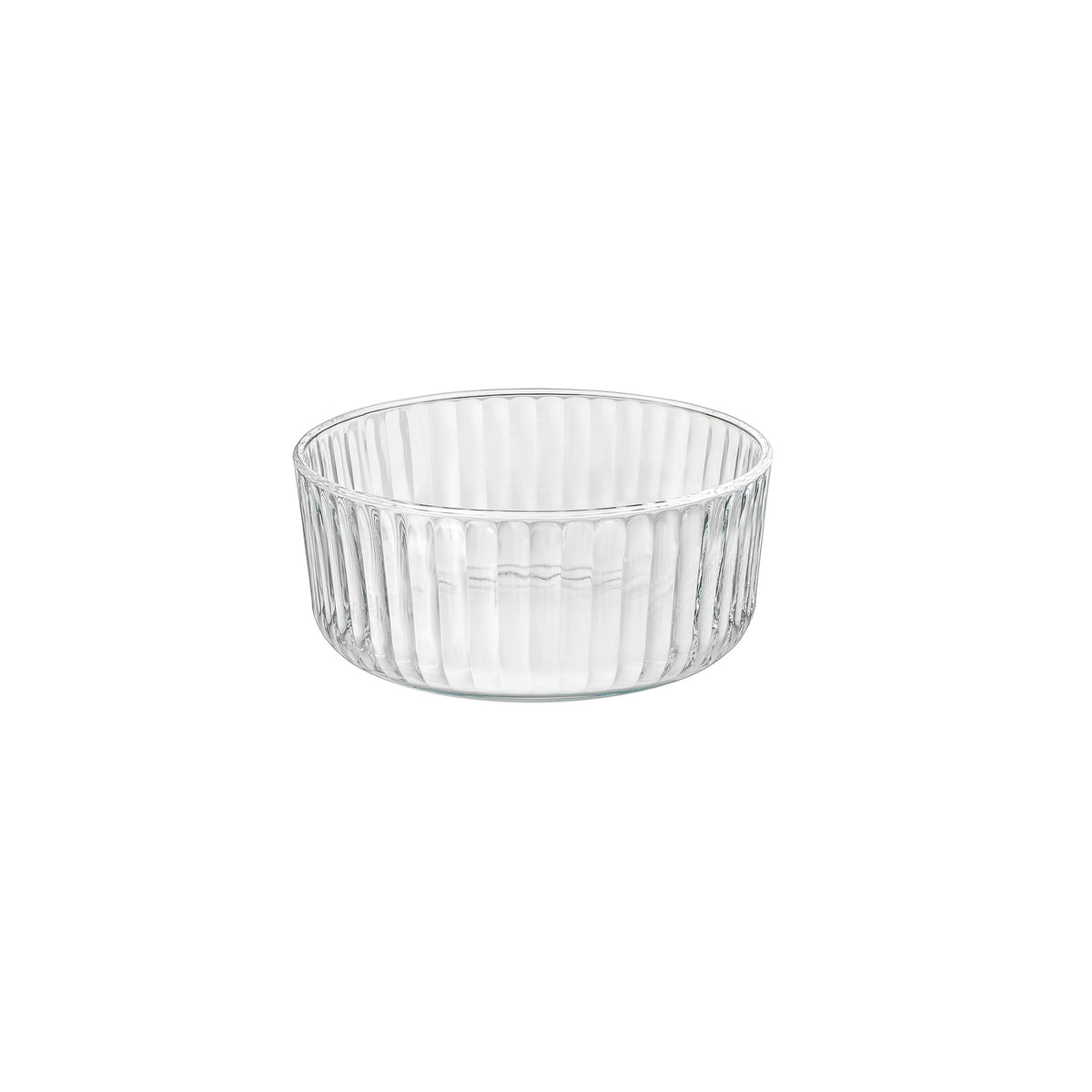 A clear round Exclusiva glass serving bowl with a multifaceted texture.