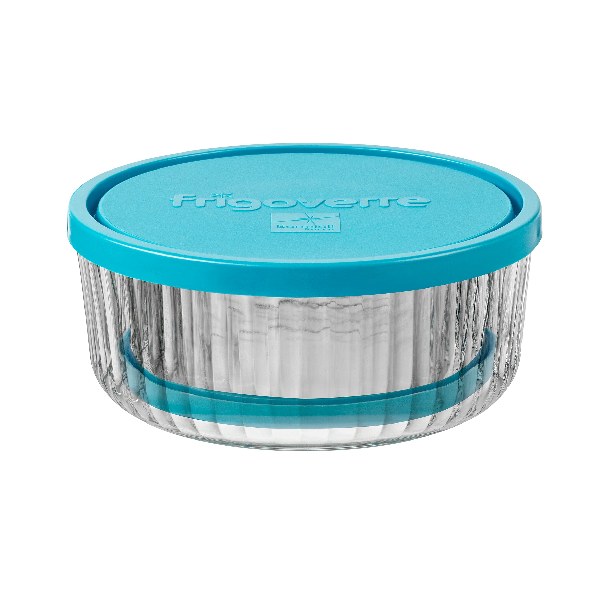 Two round Frigoverre Brillante glass food storage containers with blue lids, one nested inside the other.